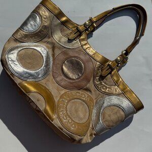 Coach Carly Patchwork Tote – Gold & Silver Metallic Circles – Y2K Style
